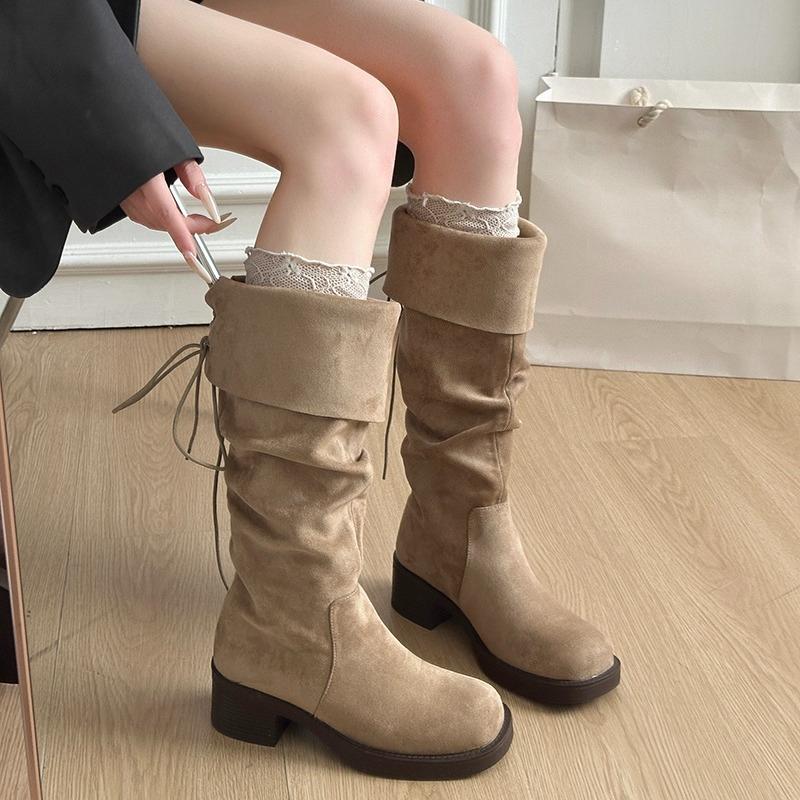 Knee High Boots Women's Fashion Round Toe Suede Sleeve Soft Sole Anti-slip Wear-resistant Block Heel Shoes