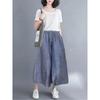 Dames Blauwe Denim Elastische Taille Wijde Pijpen Cropped Broek
