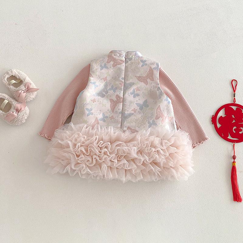 2025 Girls' Chinese Style Layered Winter Dress with Oblique Collar - Retro New Year Outfit