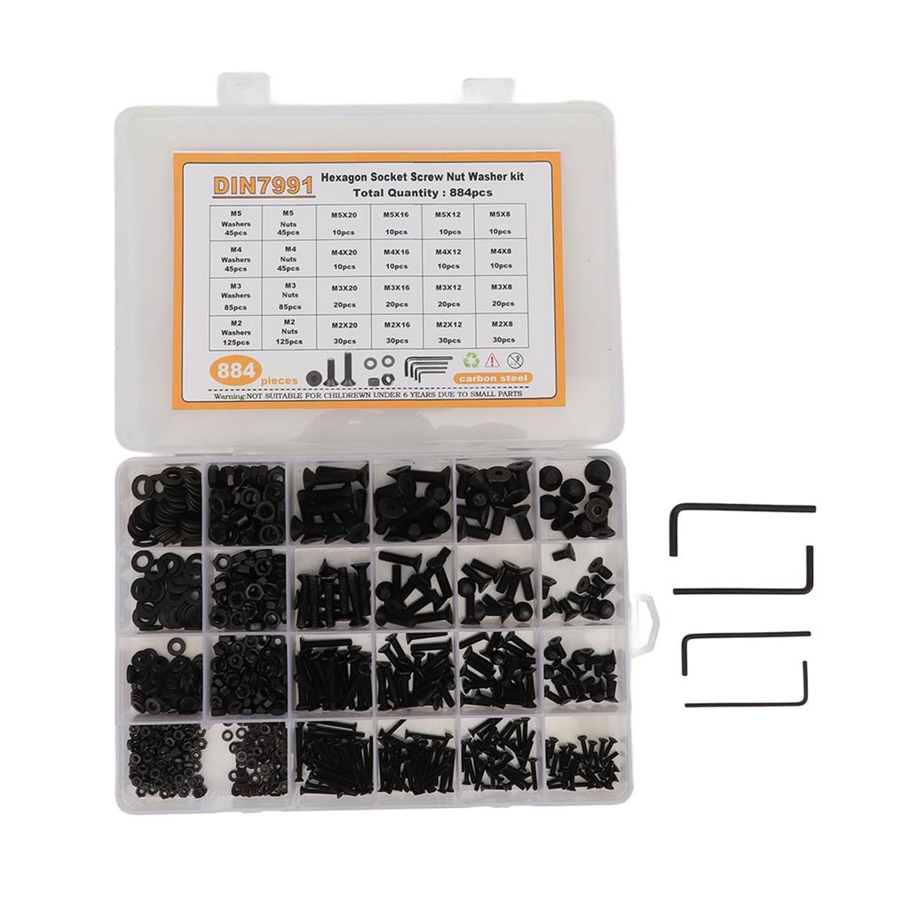 884ks M2 M3 M4 M5 Sada šroubů s vnitřním šestihranem, matic a podložek z uhlíkové oceli s úložným boxem, černá