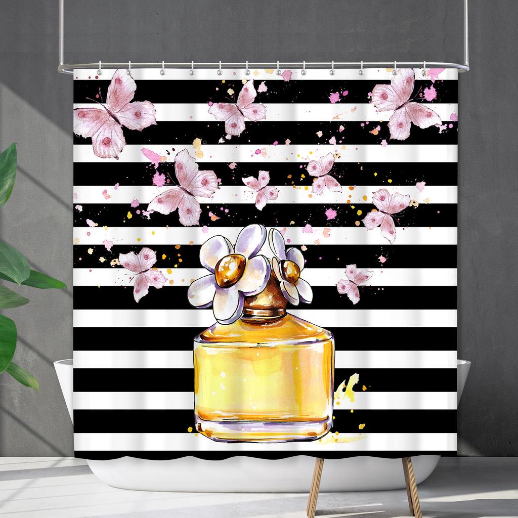 Shower Curtain Waterproof and Mildew-proof Digital Printing Horizontal Strip Plant Flower Printing Shower Curtain Partition Curtain Free Punching
