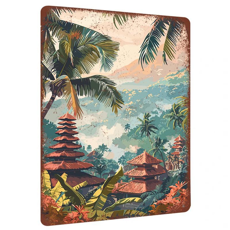 

Balinese Coconut Grove Temple Metal Wall Art Southeast Asia Tropical Scenery Home Decor Living Room 20x30cm（7.8x11.8inch）