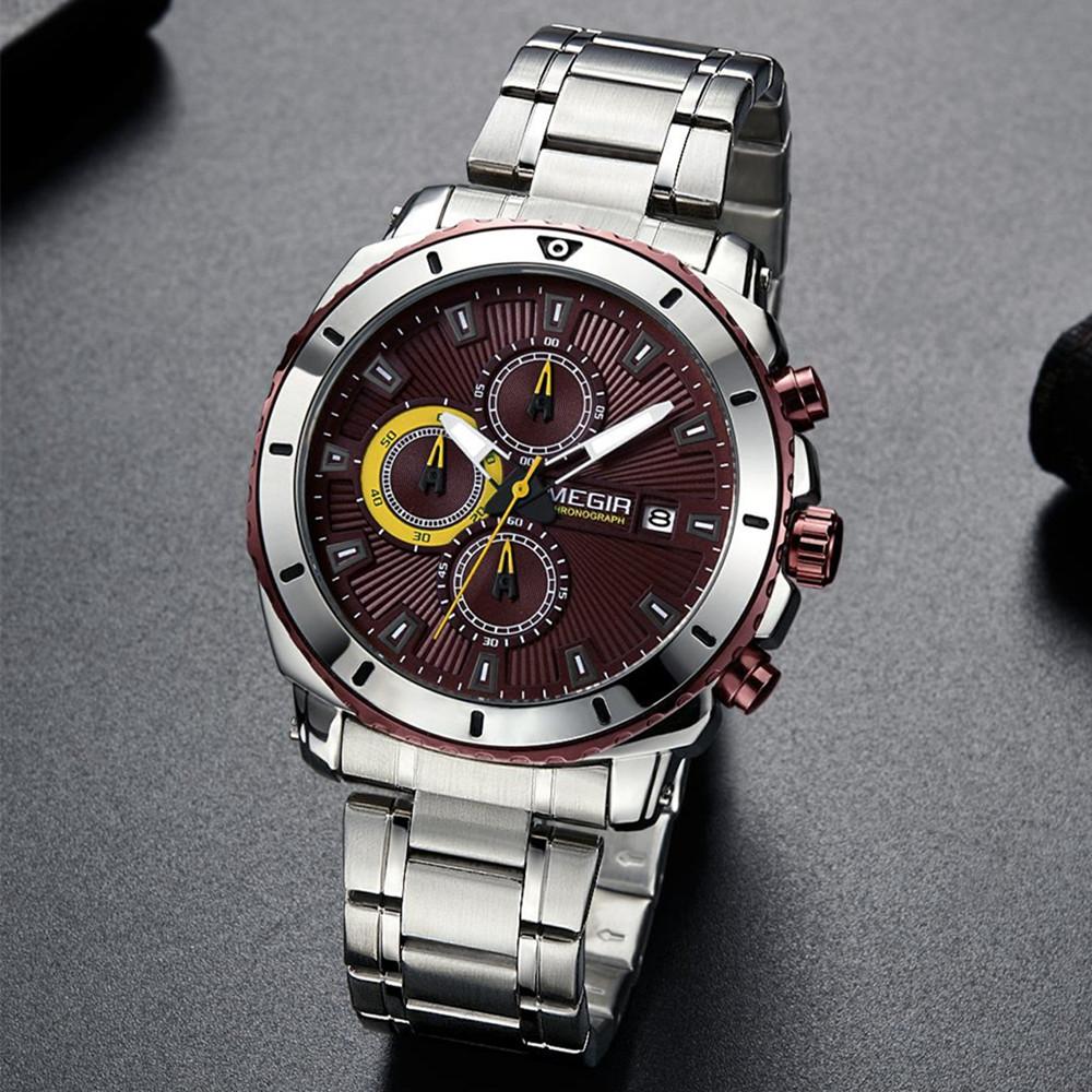 Megir Top Brand Luxury Men Quartz Watch with Stainless Steel Band Chronograph Business Wrist Watches Men Clock Relogio Masculino