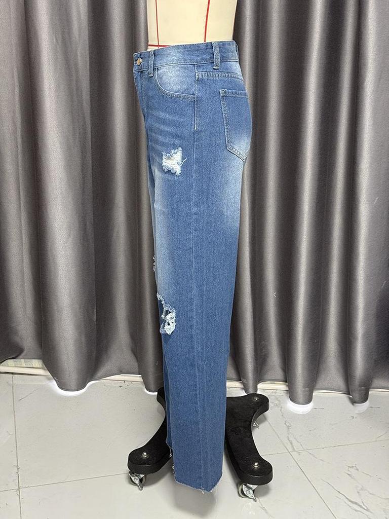 2025 Summer High Waist Ripped Jeans: Women's European & American Street Style, Loose Straight Wide-Leg Pants