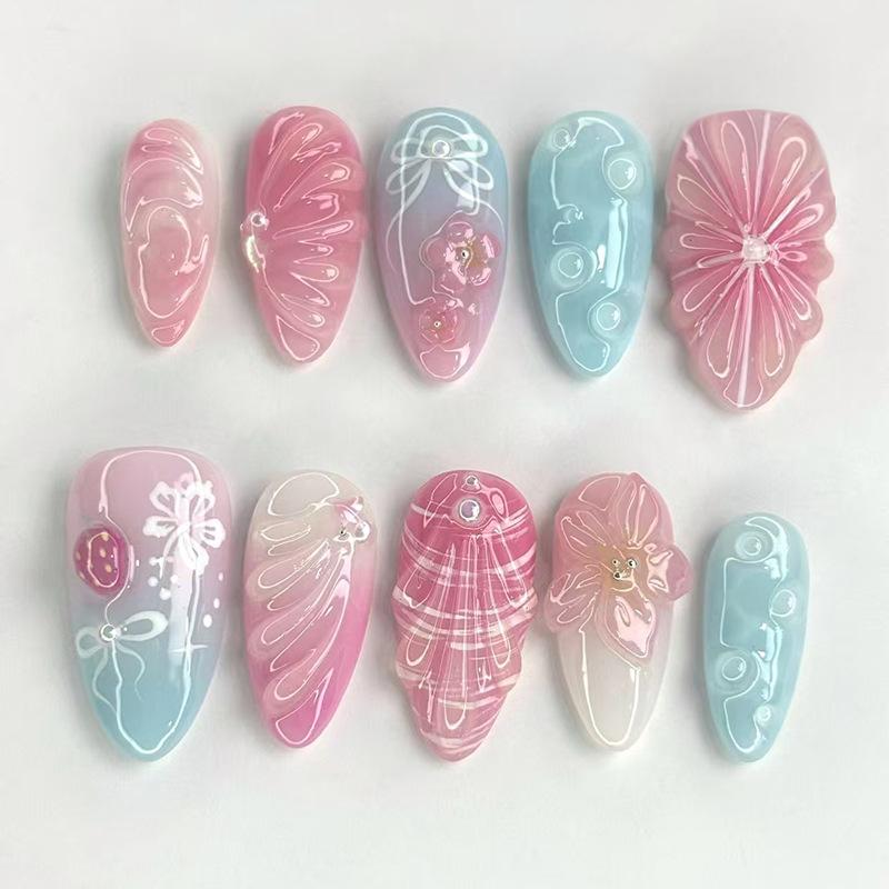 24PCS Sweet 3D Carved Flowers False Nails Simple White French Nude Pink Press On Nails Wearable Fake Nails for Women with Glue