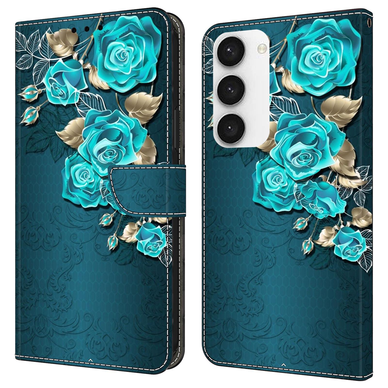 

For Samsung Galaxy S24 Cell Phone Case Leather 3D Pattern Card Slot Protective Cover Blue Rose