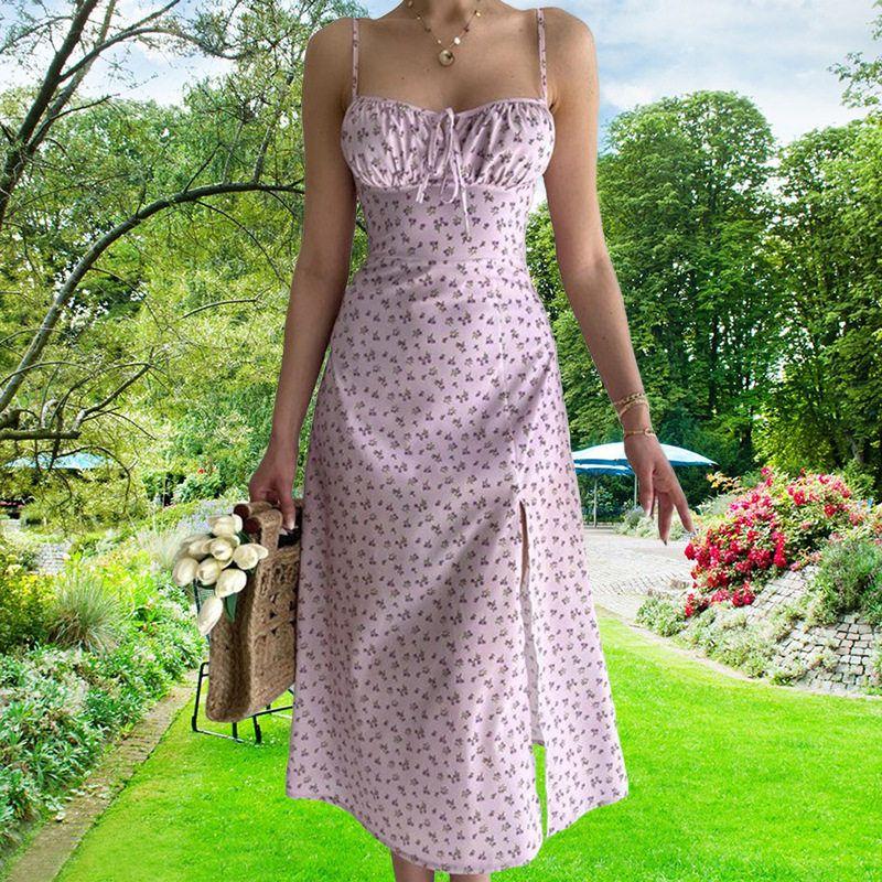 

Amazon European and American Cross-Border Women s Clothing 2023 Summer New Casual Suspender Floral Slit Dress Long Women s Dress Light purple M
