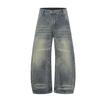 Mens Relaxed Fit Washed Denim Jeans Wide Leg Straight Cut Streetwear Cargo Pocket Pants