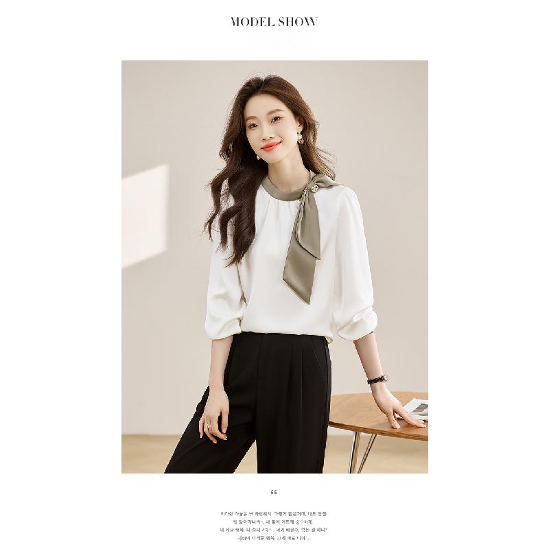 Gentle Collar Bow Tie Shirt for Women, 2026 Spring and Autumn New Style, Color Block Ribbon Design Satin Top