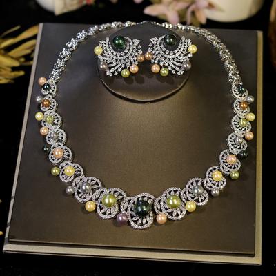 ASNORA Gargantilha Luxuosa de Zircônia Cúbica Branca Colar de Pérola Grande Heptacolor Conjuntos de Joias para Casamento Festa de Noiva para Mulheres X0538