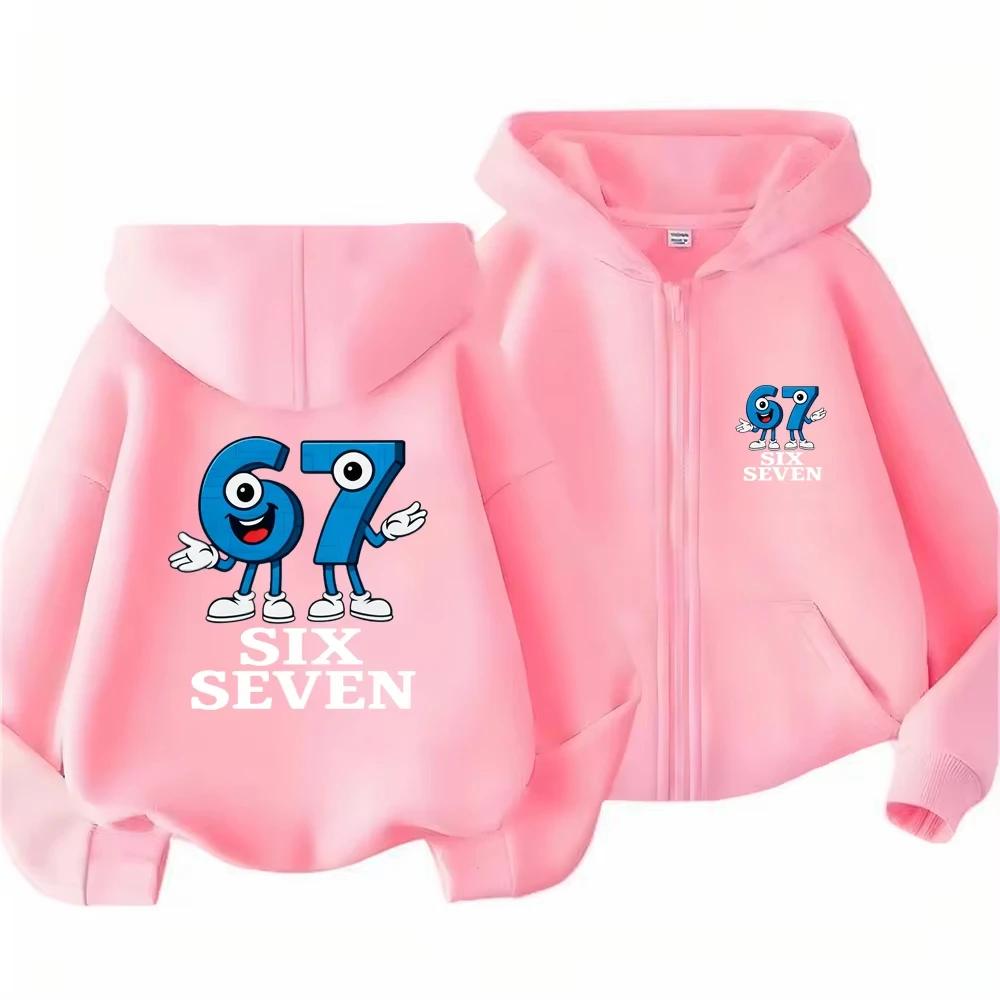 Kids Cartoon Six Seven 67 Character Graphic Zip Up Hoodie Loose Long Sleeve Hooded Jacket Trendy Street Outerwear For Boys Girls