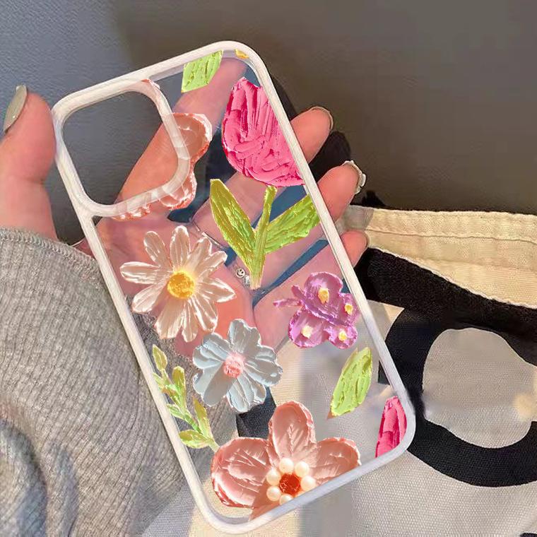 Retro Oil Painting Flower Phone Case For iPhone 16 11 12 13 14 15 Pro Max XS XR 8 7Plus Luxury Floral Transparent Soft TPU Cover