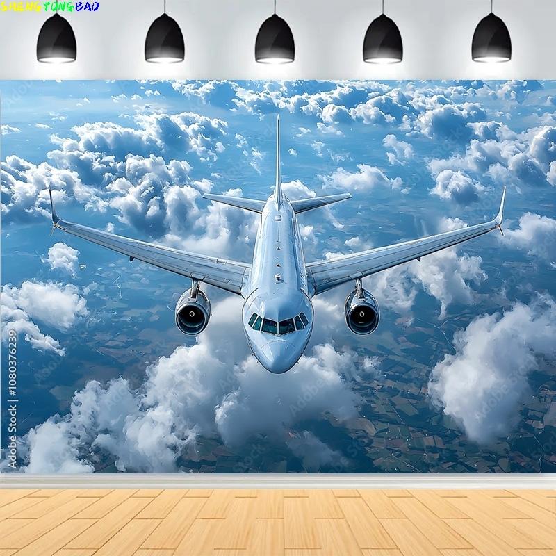 Blauer Himmel Wolken Flugzeug Geburtstagsparty Fotografie Hintergründe Baby Erwachsene Porträt Fotowand Fotostudio Hintergrund PA-02