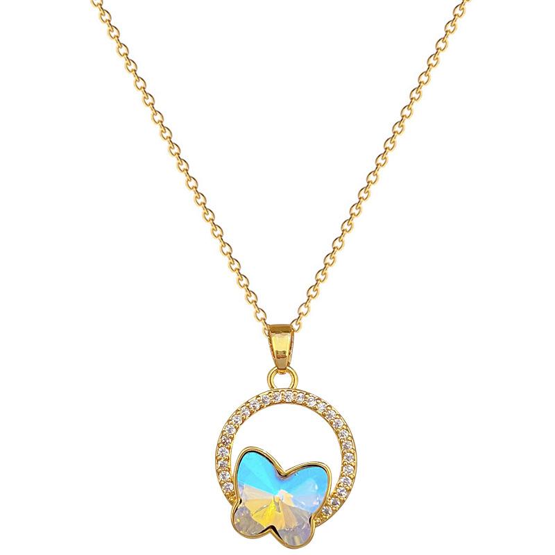 Colorful Ring Butterfly Light Luxury Temperament Gorgeous Full Diamond Necklace Women'S Versatile Collarbone Chain Titanium Steel Chain