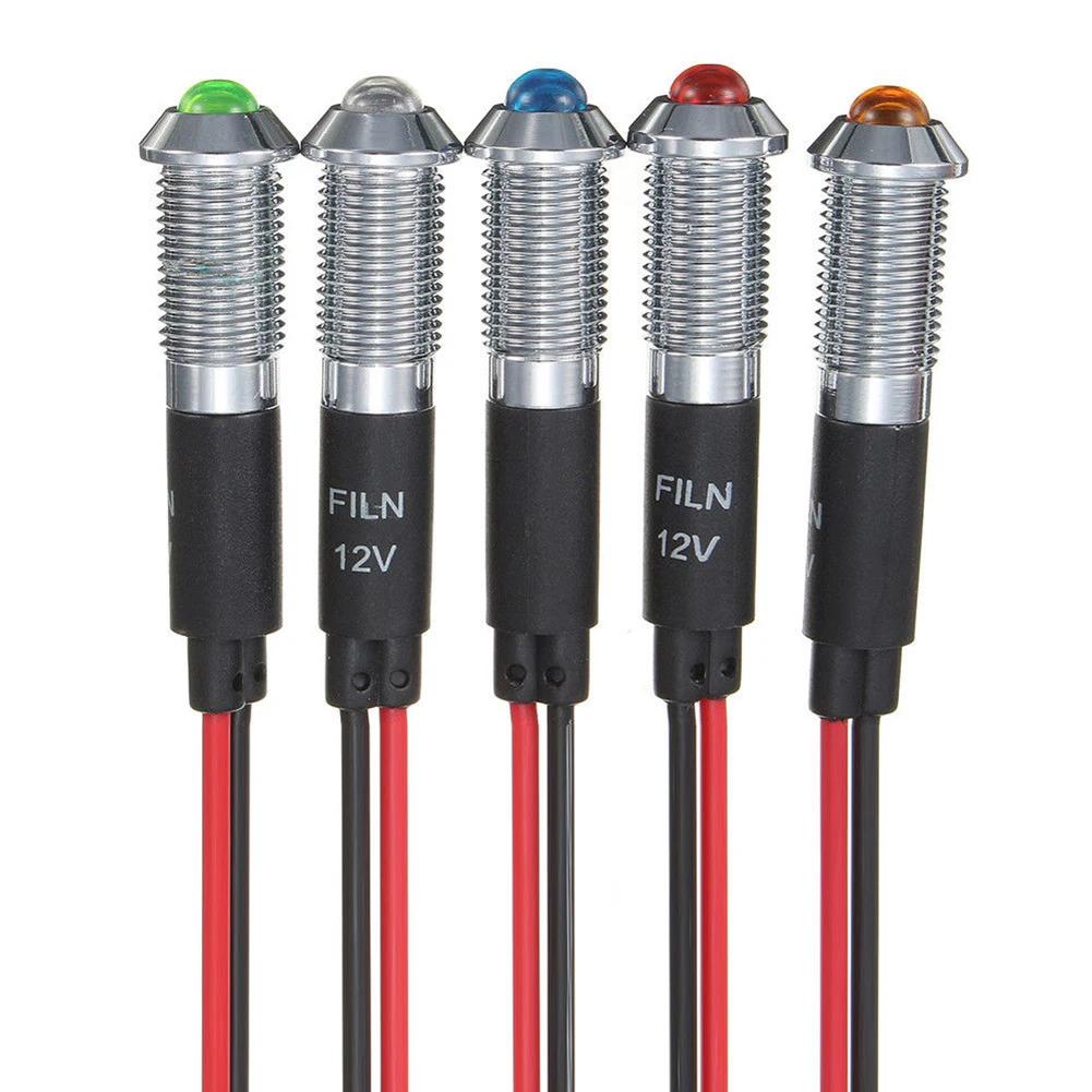 8mm 3v 6v 12v 24v 110v 220v Metal LED Pilot Panel Dash Signal Indicator Warning Light 20cm Cable Chrome Finish Car Boat Marine