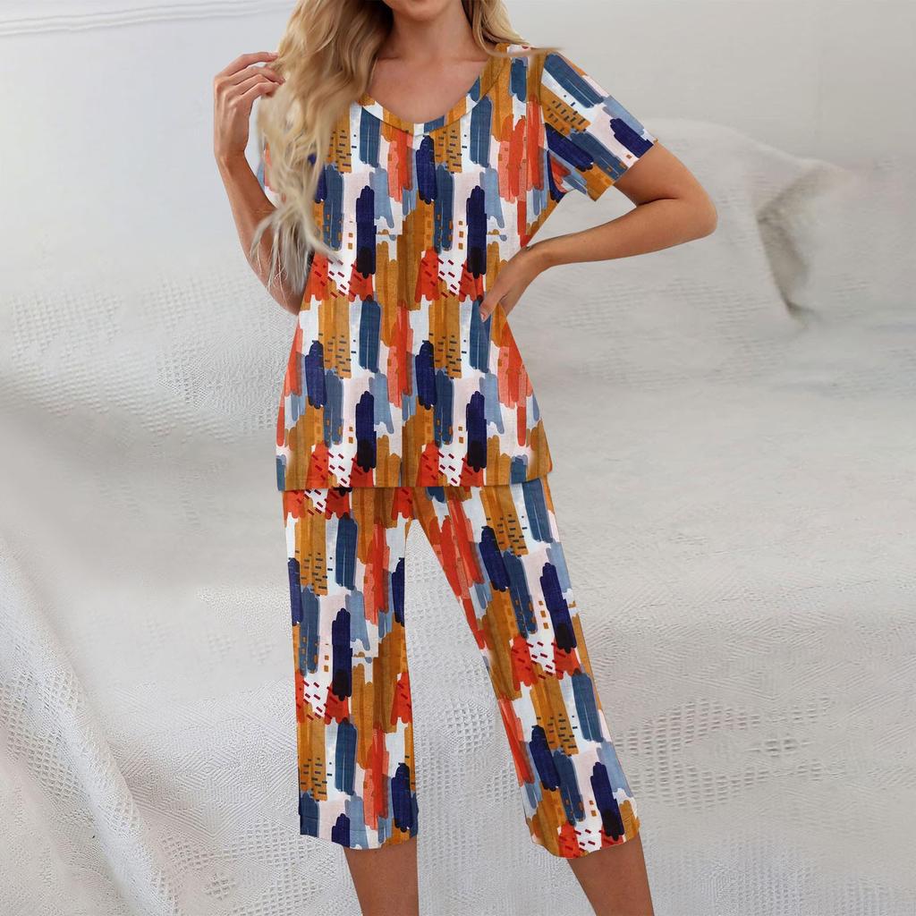 2 Piece Sets For Women Short Sleeve Top And Pants With Pockets Workout Soft Textured Print Sets