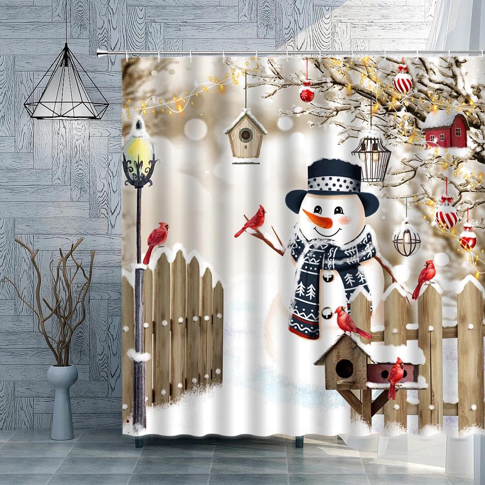 Christmas Shower Curtain Blue Xtmas Balls Snowflake Snowmen Gift Brid Winter Holiday New Year Fabric Bathroom Curtains Decor Set