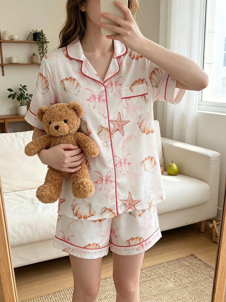 Jugendliche Mädchen Satin Kurzarm Pyjama Set Muschel Seestern Druck Revers Knopf Oberteil & Shorts Seidig Weich Sommer Nachtwäsche für Große Kinder 13-16J