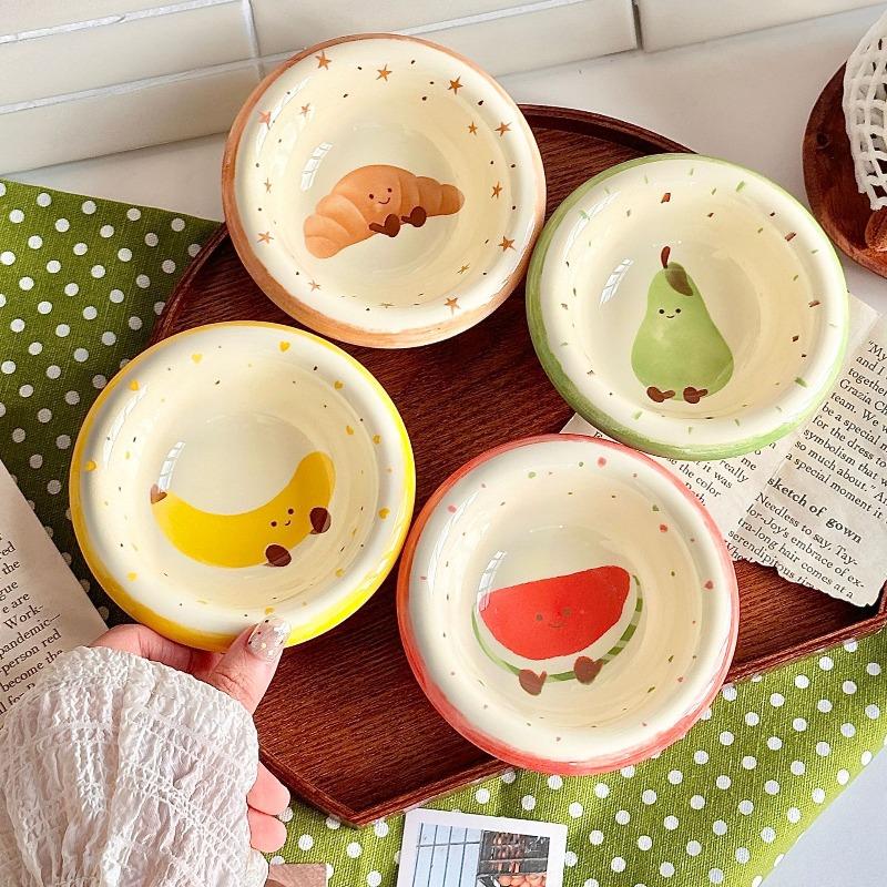 Cute Painted Ceramic Bowls for Daily Use Fun Food Designs Ideal for Dessert and Snack Home Kitchen Tableware