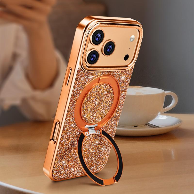 Magnetic Metal Bracket Shining Stand Case For iPhone 12 13 14 15 16 17 Pro Max Air Wireless Charging Luxury Metal Buttons Cover