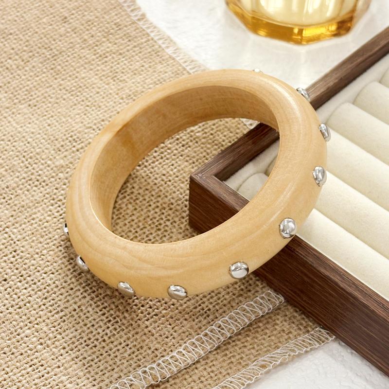 Vintage Ethnische Holzarmspange für Damen Punk Geometrisch Nietenperlen Breite Armreifen Übertriebener Handschmuck