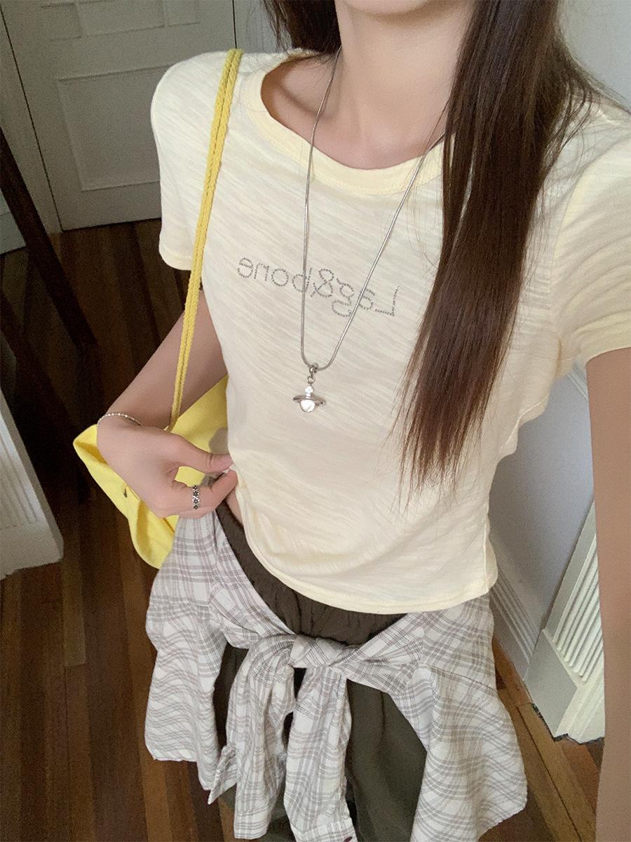 

Texture round neck front shoulder short-sleeved t-shirt women s summer new slim and thin unique chic beautiful top S