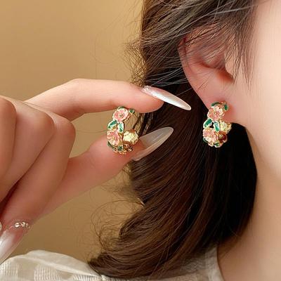 Rose Branch Flower C-shaped Drop Earring for Women Sweet Romantic French Glaze Temperament Creative Jewelry Accessory