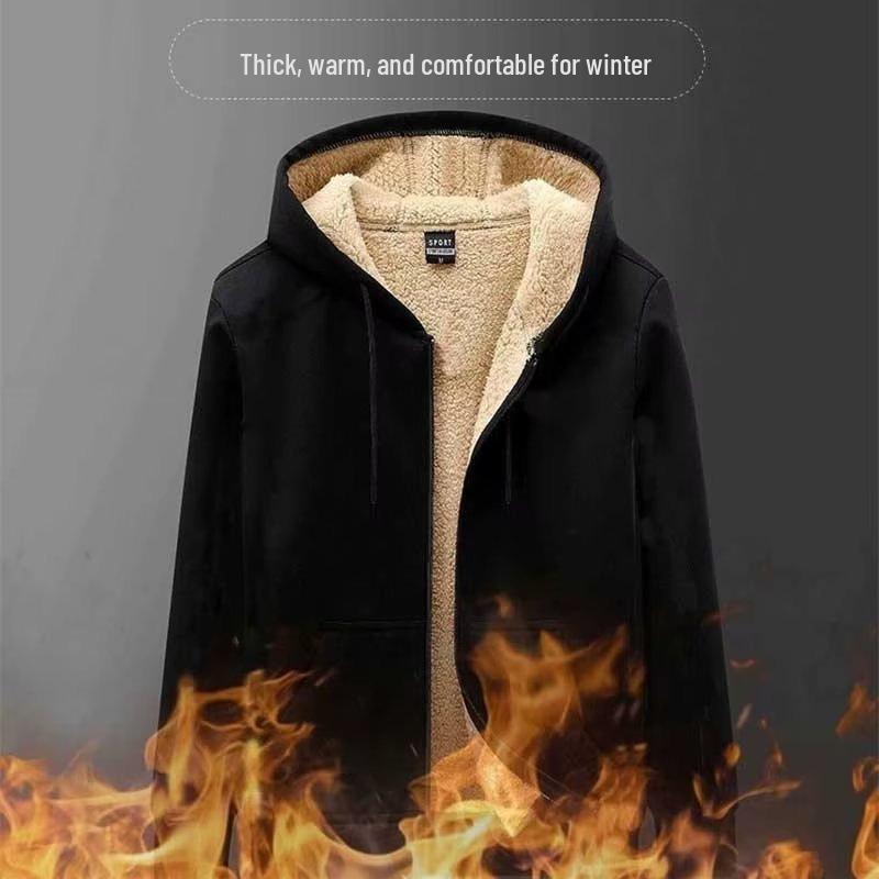 Men's Winter Thick Plush Hooded Cardigan with Zipper - Lambswool Lined, Loose Fit, Plus Size