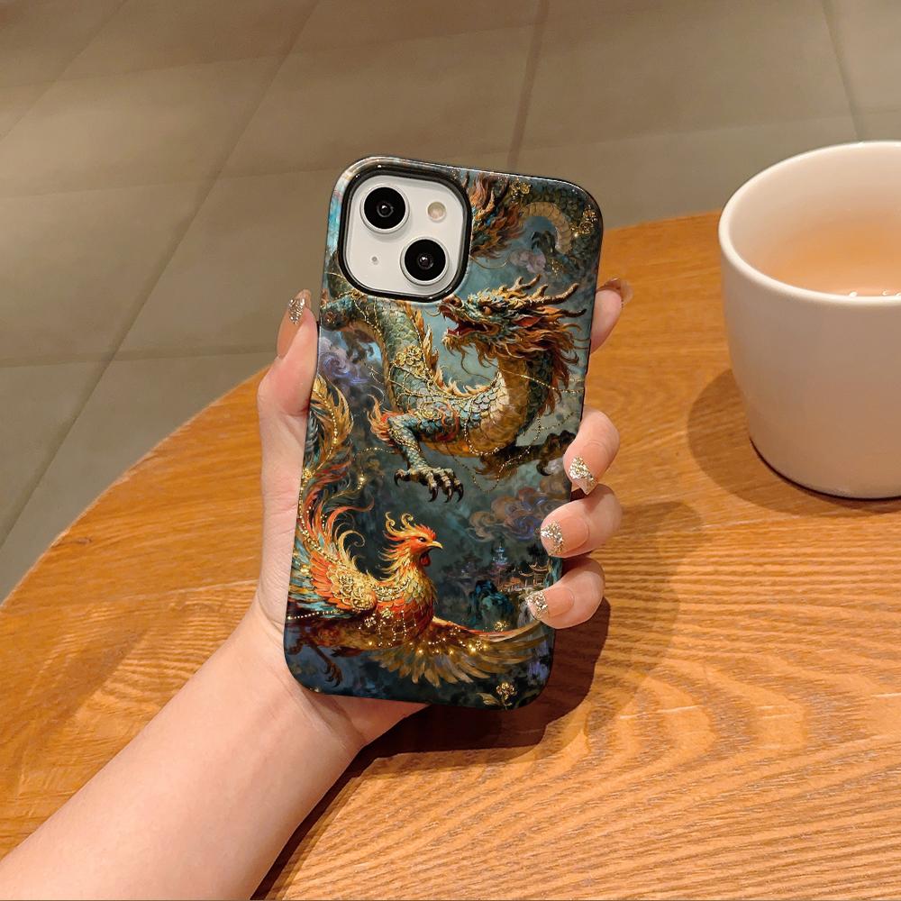 Stylish Golden Dragon Kylin Printed 2 in 1 TPU+PC Phone Case for iPhone 16 15 14 Plus 13 12 11 Pro Max Mini XS Shockproof Cover
