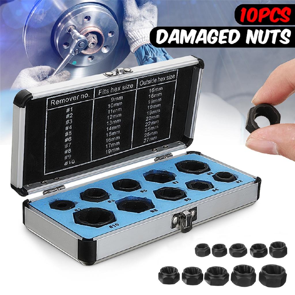 Black (9-19mm)  Broken Bolt Removal Kit 10pcs Damaged Nut Bolt Remover Stud Extractor Set Metric New
