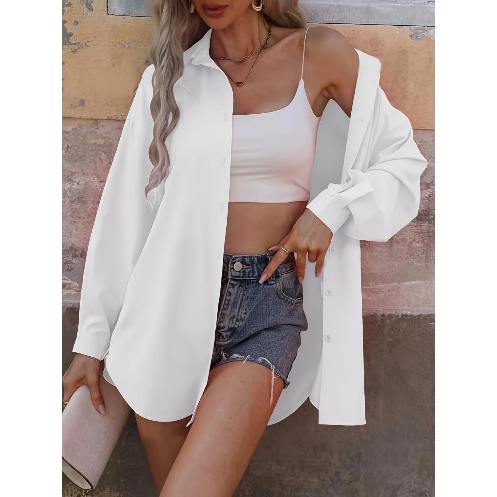 Women'S Elegant Long Sleeve Button-Up Shirt - Solid Color, Relaxed Fit, Knee-Length, Spring/Summer Casual Wear,Comfortable Wear |