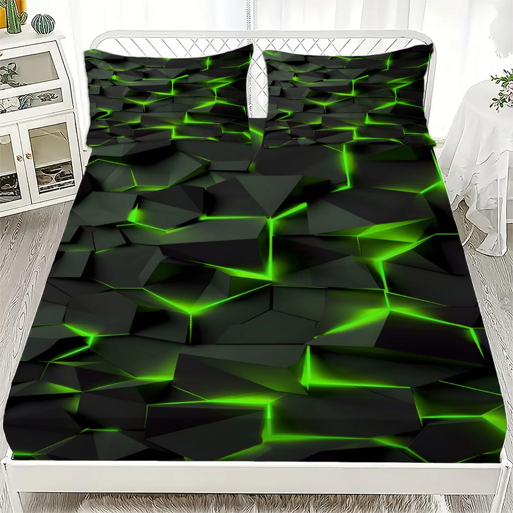 3pcs Fitted Sheet Set Visual Geometry Dizziness Print 100% Polyester Breathable Bedding Set for Home Decor with 2 Pillowcases