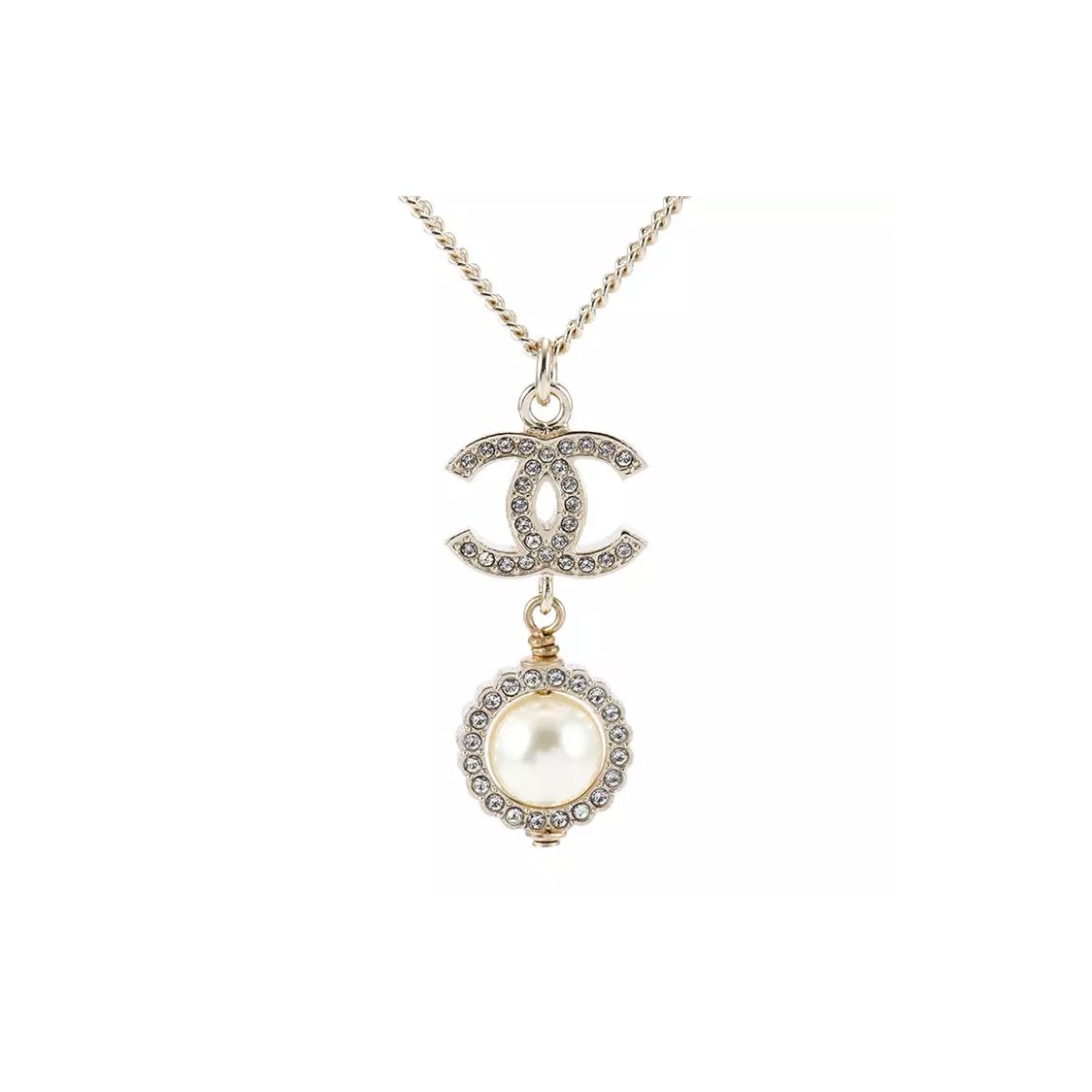 

Chanel Double C Light Gold Small Double C Pearl Water Diamond Pendant Necklace Women necklace AB2302Y47806 Box+Padding Board,F,Light Gold