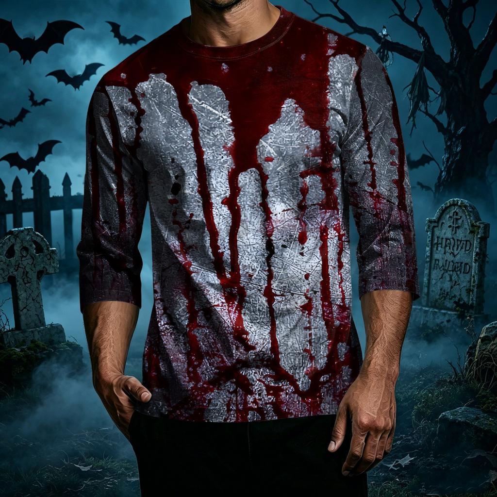 Men's Casual Halloween Print Crew Neck T Shirt Three Quarter Sleeve Top Comfortable Fit Lightweight Fabric Suitable for Everyday Wear