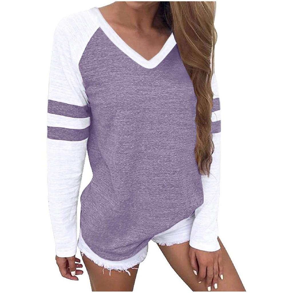 Fashion Women's V-collar Splicing Long Sleeves Leisure Time Tops Blouses