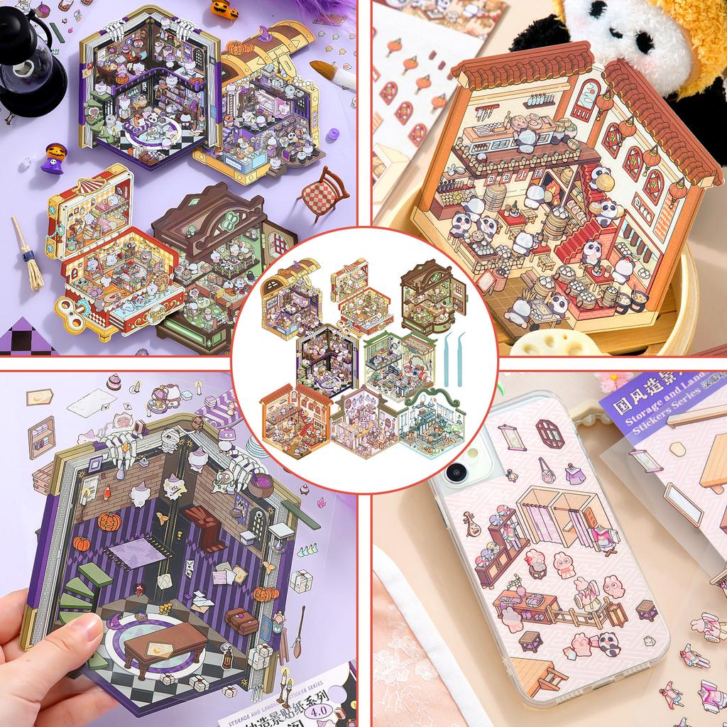 12/8Pc DIY 3D House Stickers Set Cartoon Miniature Scene Stickers Painting Stacking and Pasting Hand Account for Kid Girl Gifts