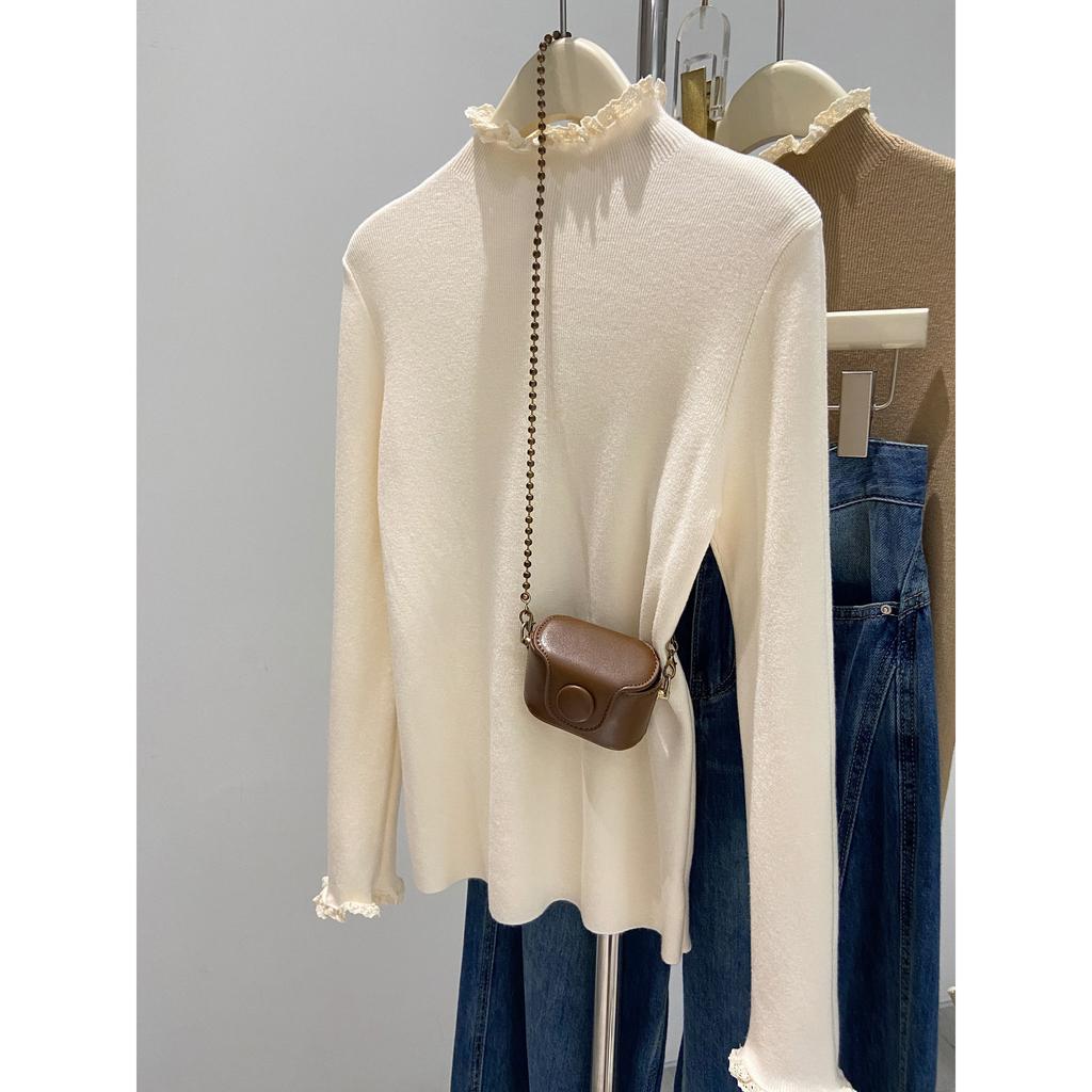 Dopamine Semi-turtleneck Lace Top Women's Soft Waxy Knitted Sweater Autumn and Winter Slim and Thin Inner Long-sleeved Backing Sweater