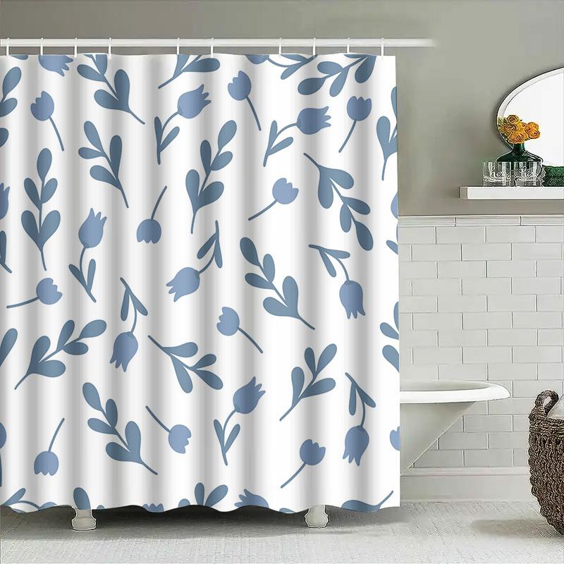 Rideau de Douche Floral Bleu Tissu Blanc Impression Serviette de Bain, Décoration d'Intérieur Rideaux de Douche Imperméables avec Anneaux Ensemble pour Salle de Bain D
