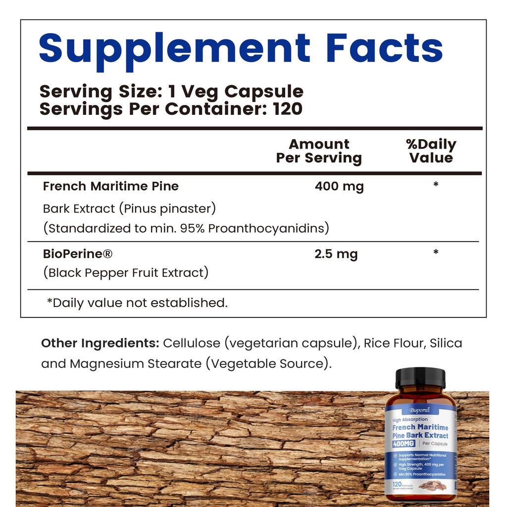 Estratto di Corteccia di Pino Marittimo Francese 400mg per Capsula Vegetale, Bioperina OGM-Free Vegano