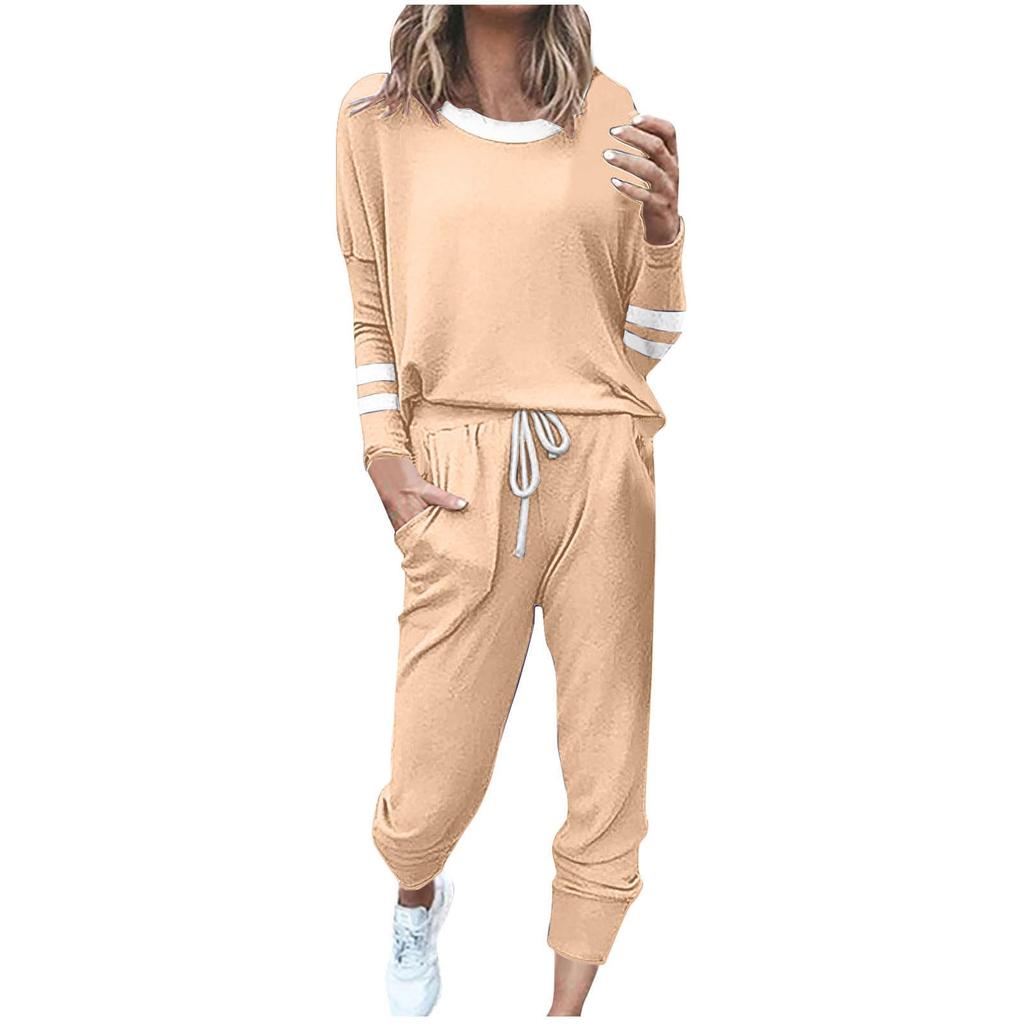 Women's Fashion Loose Color-Block Striped Long-Sleeve Round-Neck Drawstring Sports Casual Top And Pants Two-Piece Set