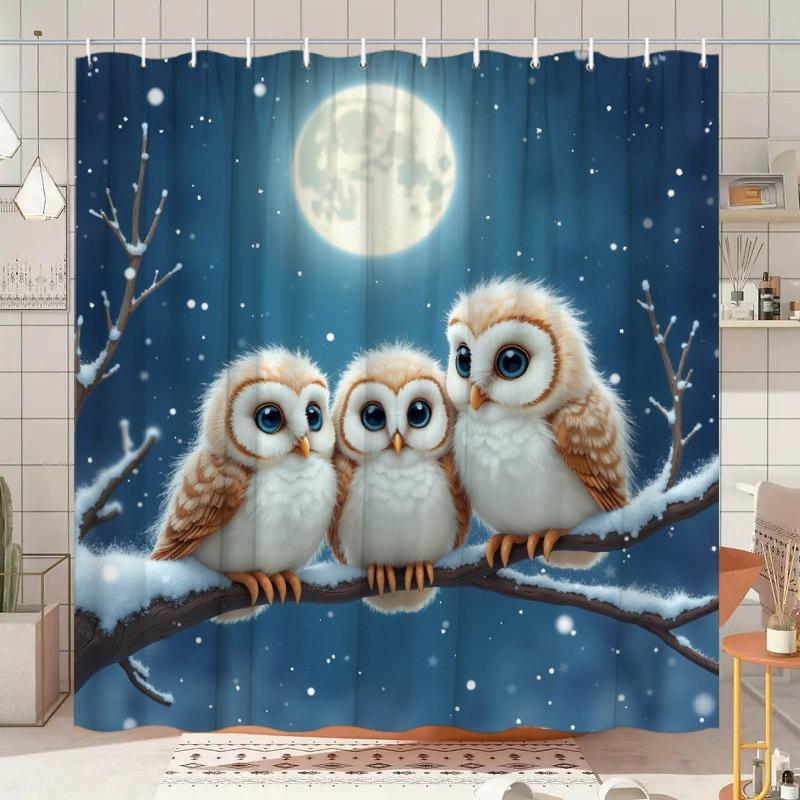

Family Of Owls In The Snowfield Washable Dirt-Resistant Shower Curtain Shower Head Waterproof Polyester Bath Curtain W60H190(CM)-1 Pcs