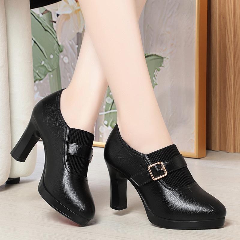 Mode Komfortable Tiefe Mund Weiche Leder Schuhe Frauen Pumpen 2024 Frühling Med Block Heels Schuhe Für Büro Mama Modell Täglichen 41(Foot25.5cm)