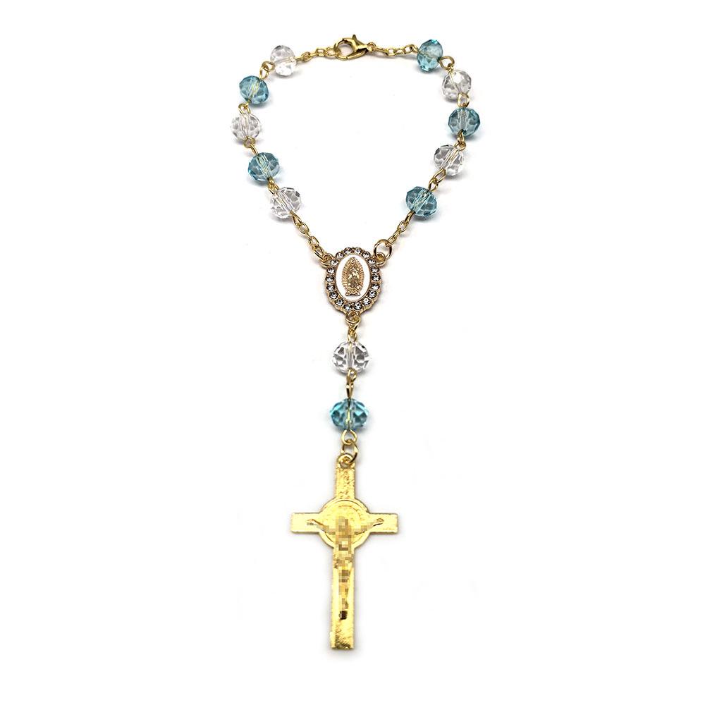 Crystal Cross Rosary Bracelet & Car Ornament for Baptism & Christmas
