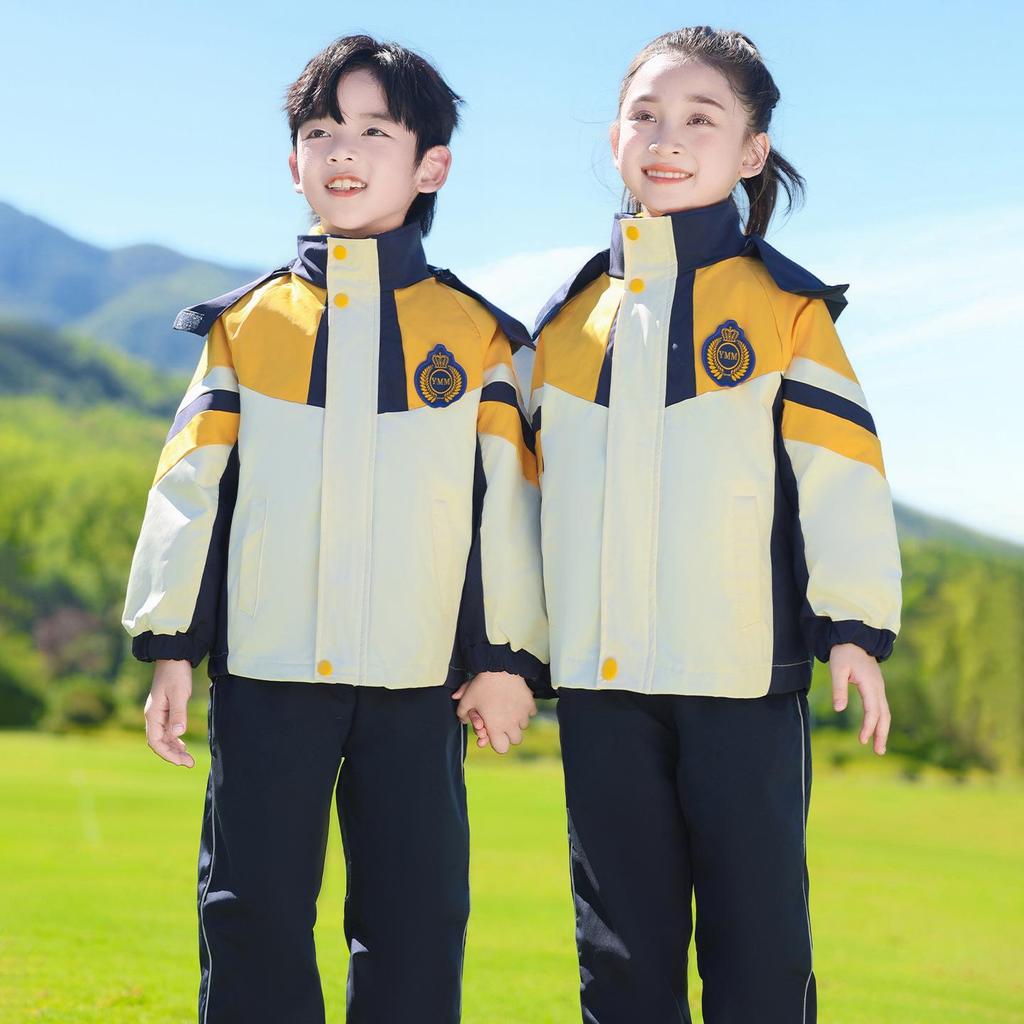 Children's Three-Piece School Uniform Set: Windbreaker for Spring & Autumn, Detachable, Winter-Ready, Thickened for Kindergarten.