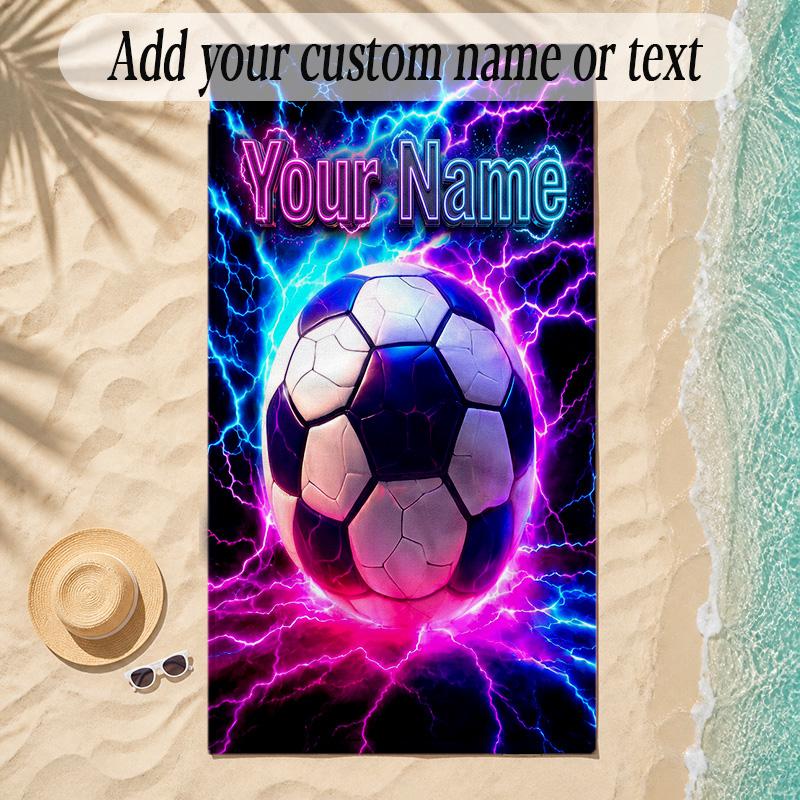 Soccer Theme Soft Beach Towel Personalized Custom Name Text Towel Portable for Beach Pool Travel