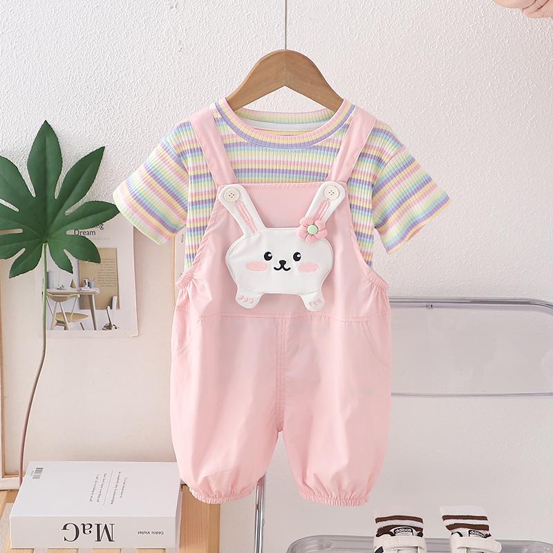 Roztomilý letní set pro holky s králíčkem a proužky: Tričko s krátkým rukávem a overal