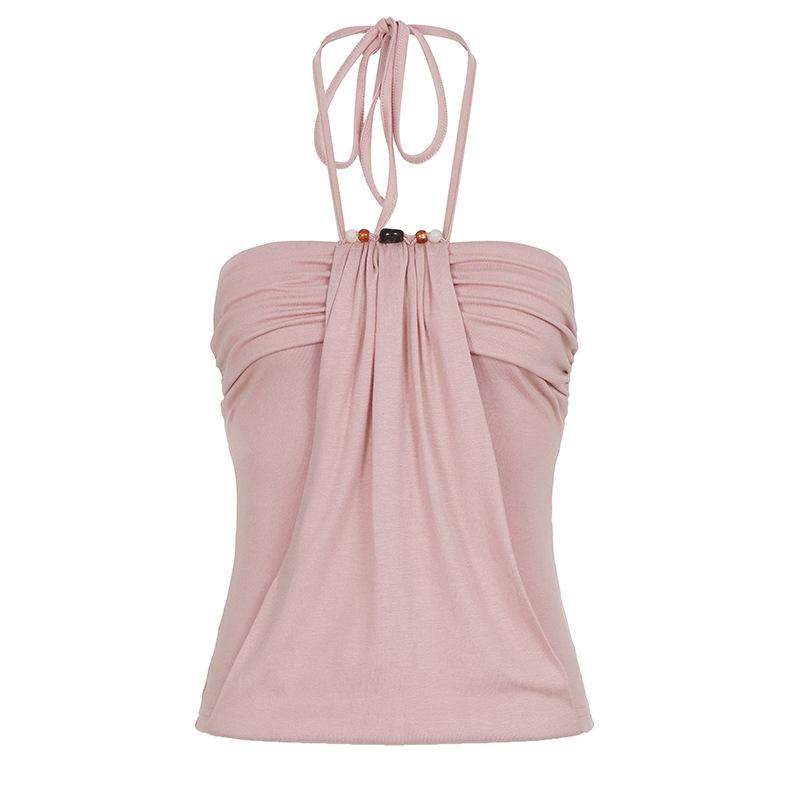Women Pink Halter Neck Beaded Ruched Sleeveless Bodycon Casual Cami Top S розовый