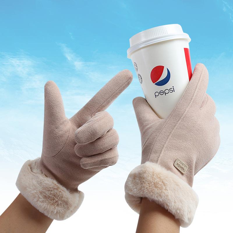 Women's Touchscreen Fleece Cycling Gloves - Cartoon Style, Thickened, Cold Weather Protection