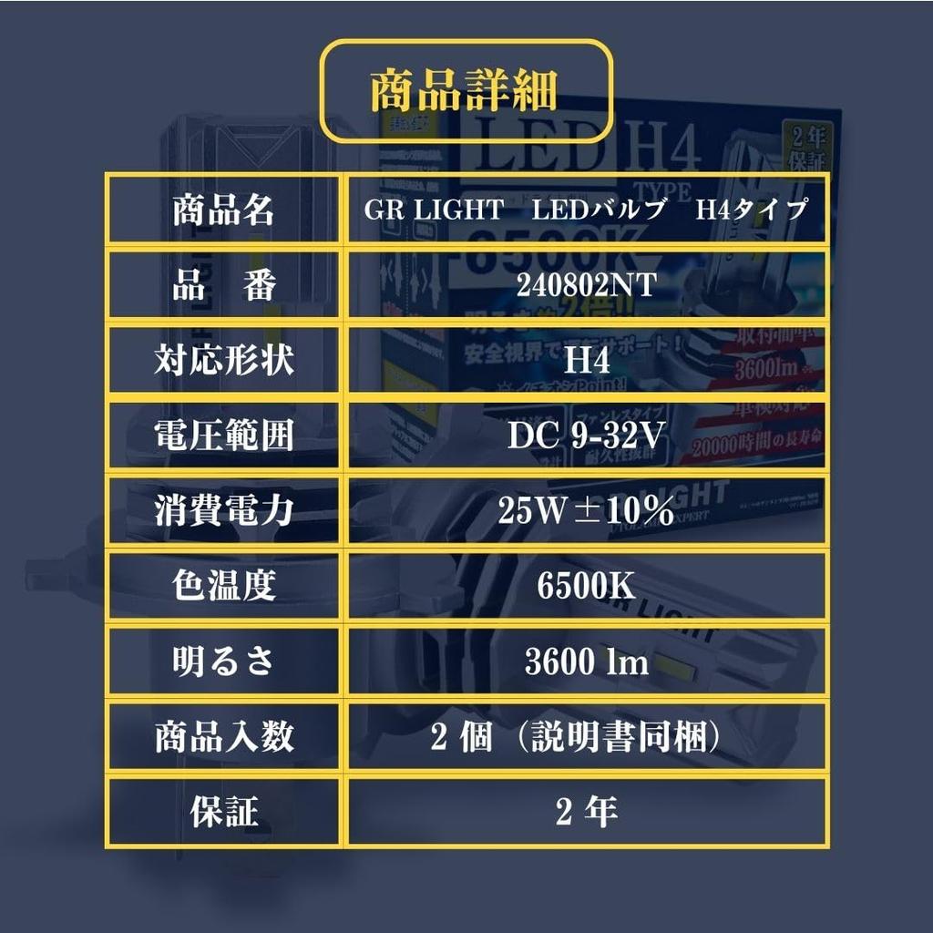 GRLIGHT 240802NT H4 LED Bulb, Headlight, 2 Pieces, Halogen Size, Compatible with Vehicle Inspection,