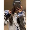 Design sense splicing plaid sweater women's spring new large size wear thin round neck knitted cardigan